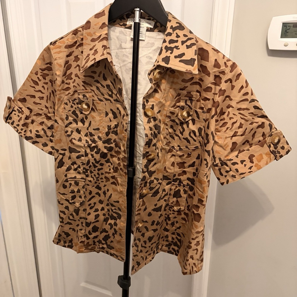 VTG Susan Bristol Petite Leopard Print Shirt Jacket 10P Safari Utility Mobwife